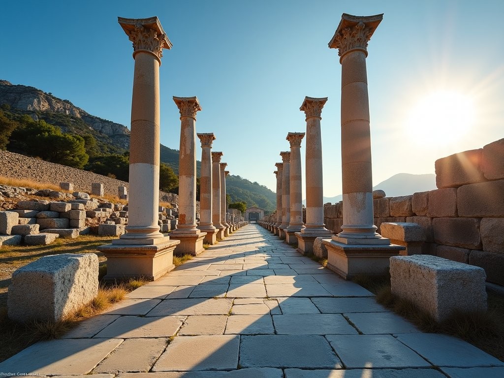 Early morning view of Ephesus ancient city entrance with sunlight illuminating marble columns