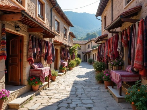 Traditional textiles and crafts displayed in the narrow streets of Şirince village near Ephesus