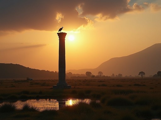 Single remaining column of the Temple of Artemis at sunset with storks nesting on top