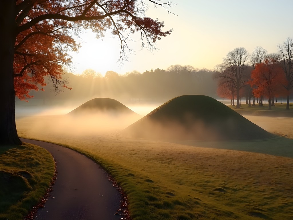 Morning mist rising over Angel Mounds State Historic Site in Evansville