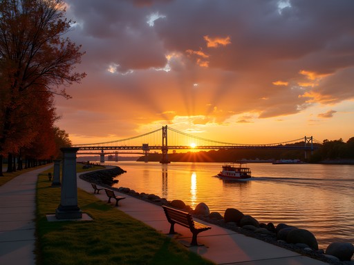 Sunset over Ohio River from Evansville's Dress Plaza with Four Freedoms Monument