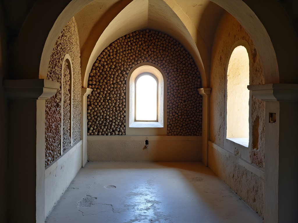 Interior of the Chapel of Bones in Evora with walls covered in human remains and gothic architecture