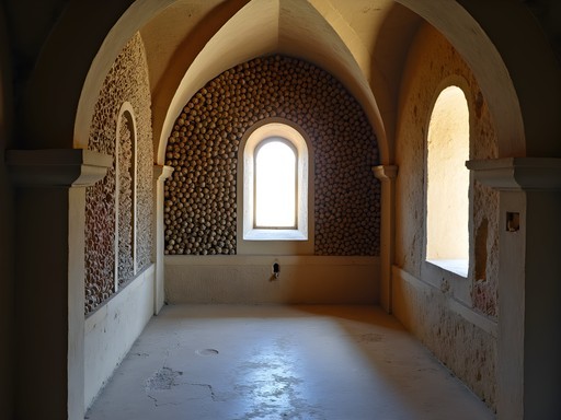 Interior of the Chapel of Bones in Evora with walls covered in human remains and gothic architecture