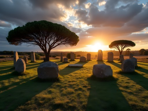 Ancient megalithic stone circle of Cromeleque dos Almendres near Evora at golden hour