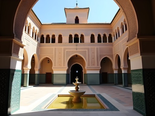 Intricate zellige tilework and cedar woodcarvings in the sunlit courtyard of Bou Inania Madrasa in Fez, Morocco