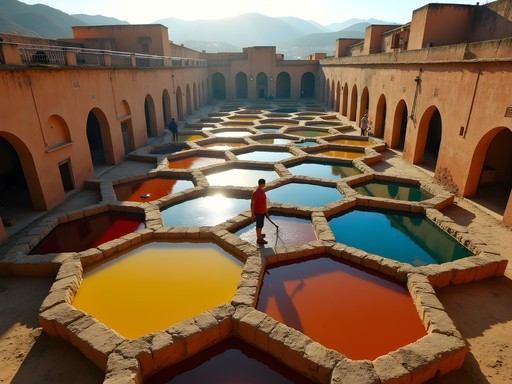 Aerial view of Chouara Tannery in Fez showing colorful dye pits and leather workers in morning light