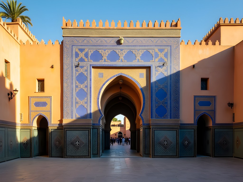 Morning light illuminating the intricate blue mosaic tilework of Bab Boujloud (Blue Gate) entrance to Fez Medina