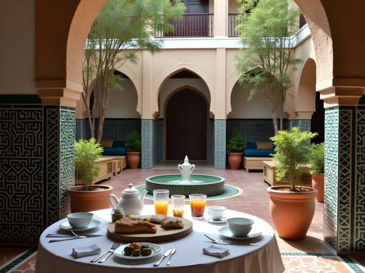 Traditional Moroccan riad courtyard breakfast setting with mosaic tilework, orange trees, and authentic cuisine in Fez