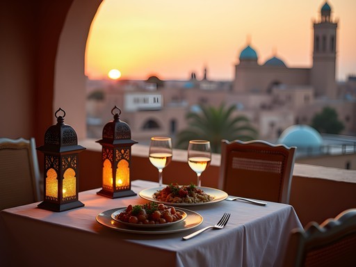 Romantic rooftop dinner setting overlooking Fez medina at sunset with traditional Moroccan lanterns and cuisine