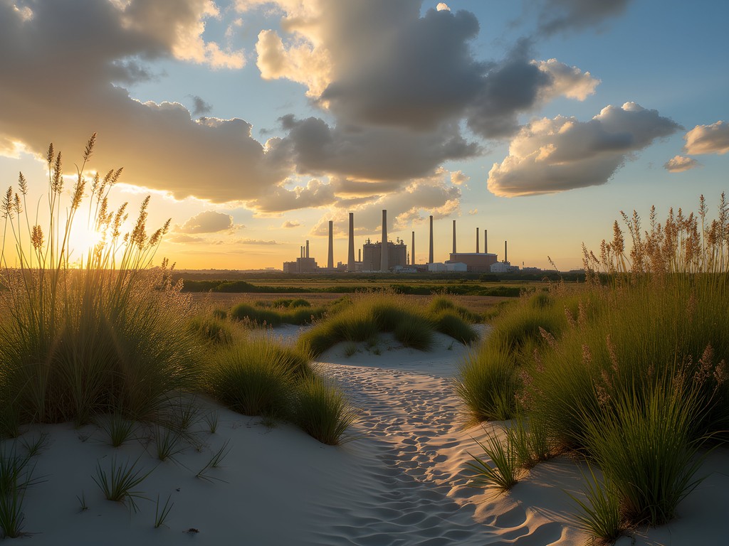 Natural dunes landscape with industrial skyline of Gary, Indiana in background