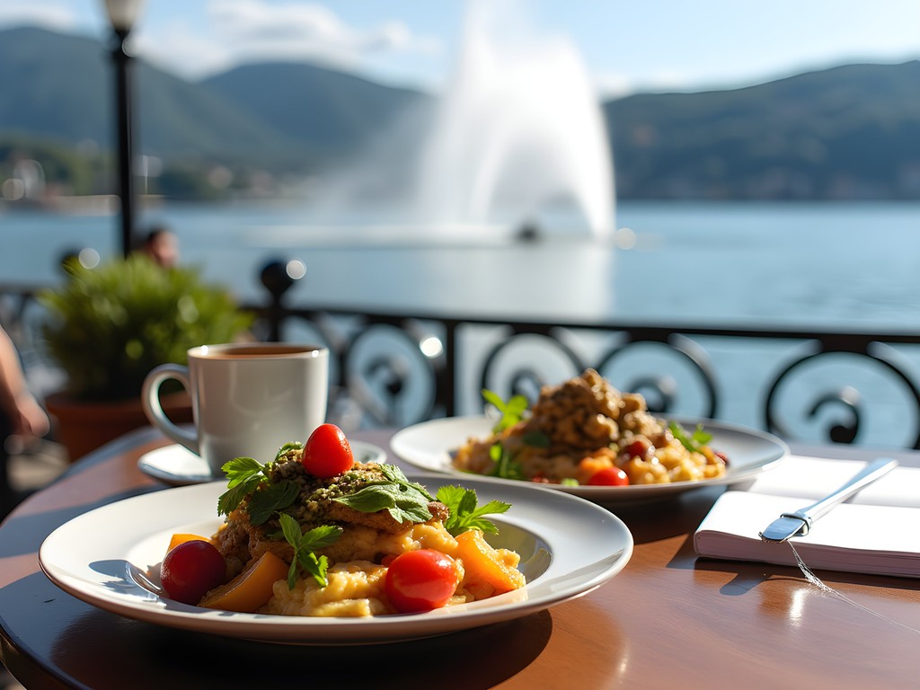 Vegan café with view of Lake Geneva and water jet fountain