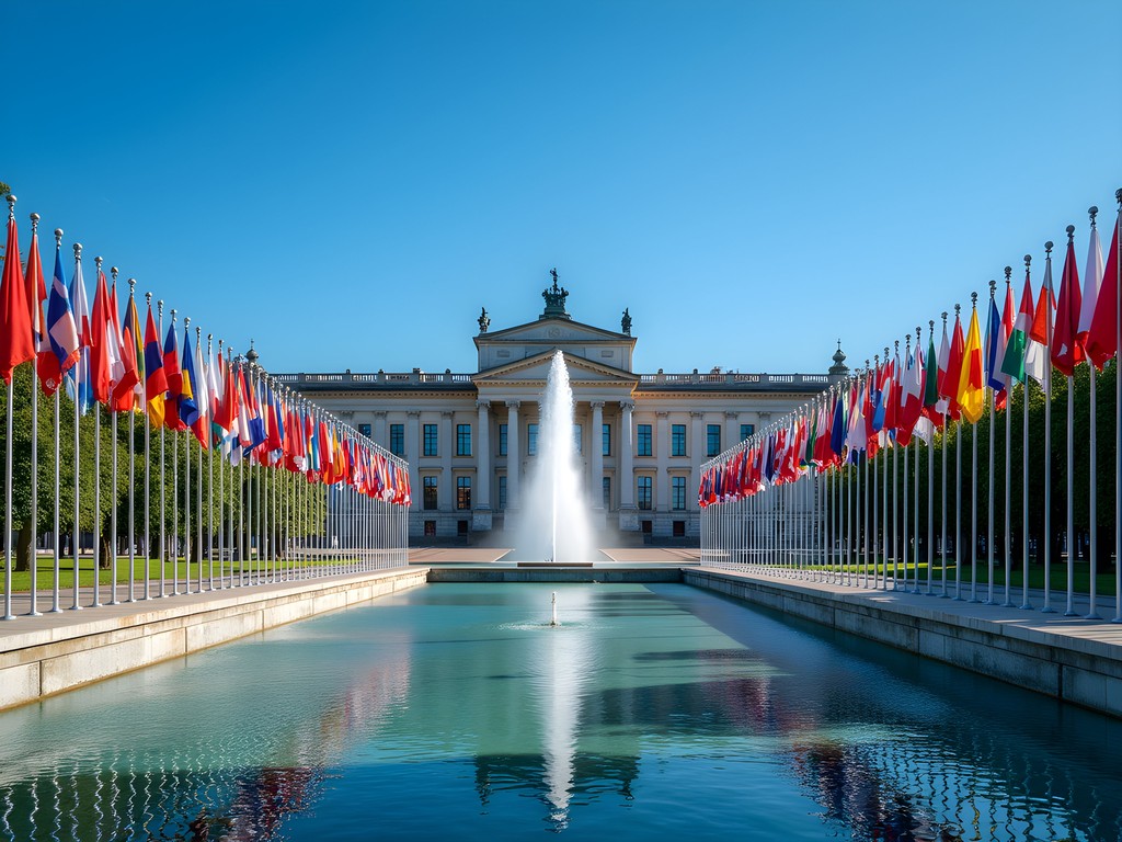 Palais des Nations in Geneva with flags of member nations