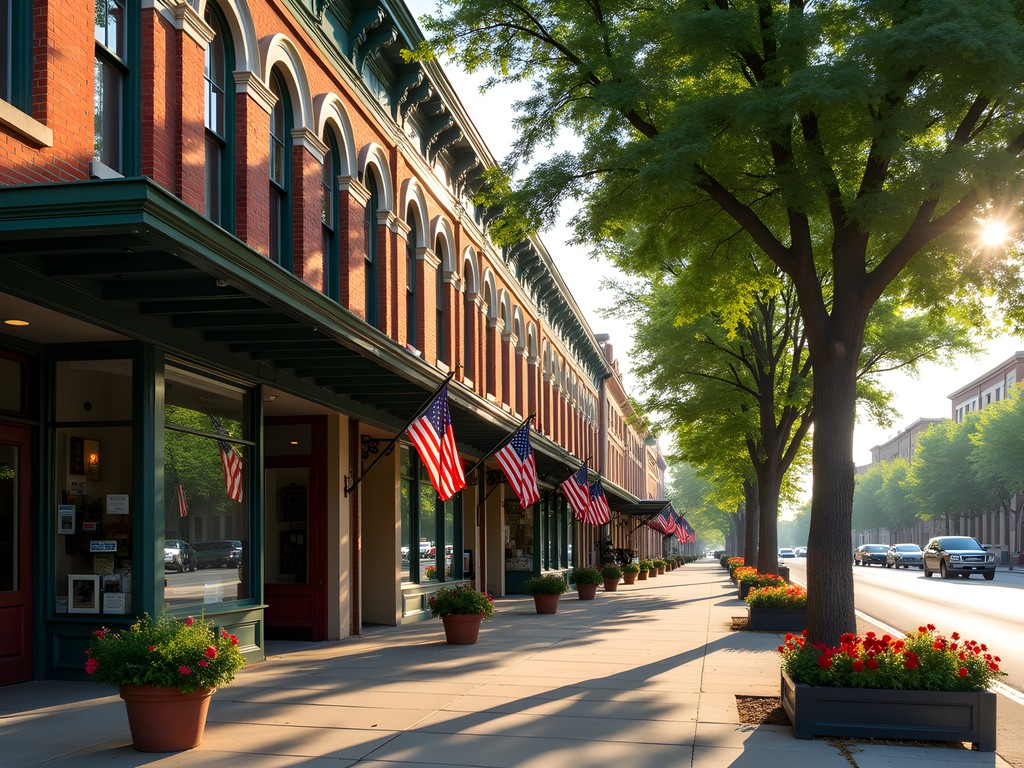 Historic buildings with distinct architectural features in downtown Grand Forks