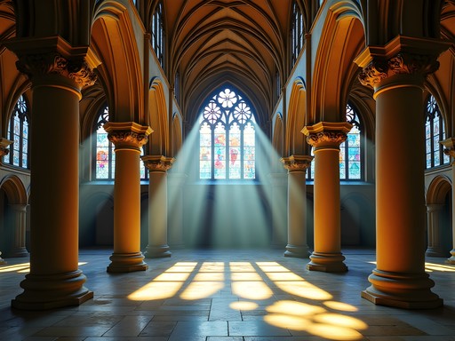 Sunlight streaming through stained glass windows in Graz Cathedral's Gothic interior