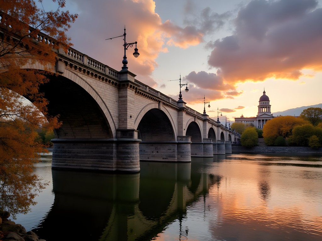 Historic Market Street Bridge in Harrisburg at sunset with Capitol dome visible