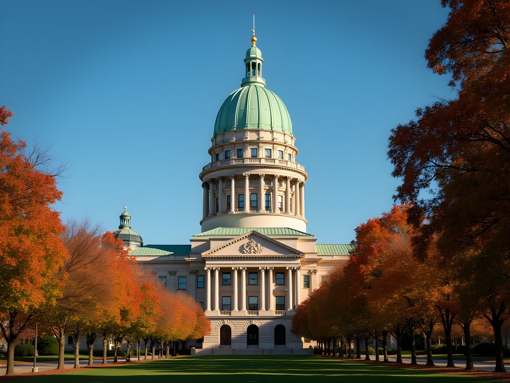 Pennsylvania State Capitol Building dome with autumn foliage