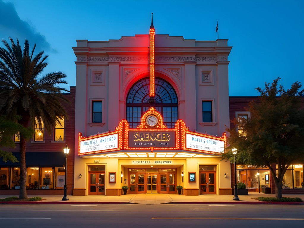 Historic Saenger Theater in downtown Hattiesburg illuminated at dusk