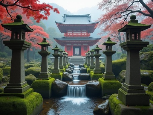 Moss-covered stone lanterns and Buddhist statues with waterfall at Mitaki-dera Temple in Hiroshima