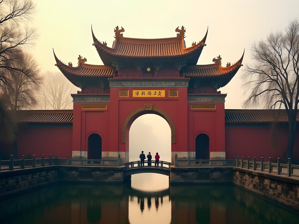 Hue Imperial Citadel entrance gate in morning mist with few tourists