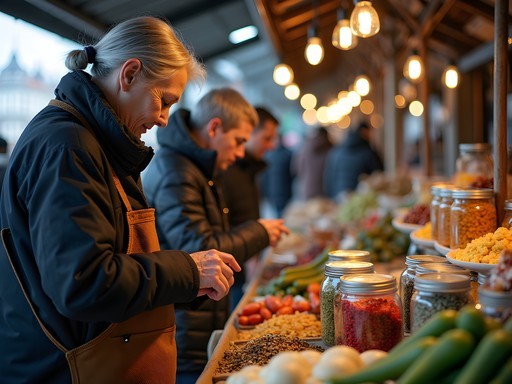 Local vendors selling traditional Siberian foods and crafts at Irkutsk's Central Market