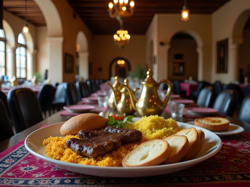 Traditional Hijazi meal served in a restored historic building in Al-Balad