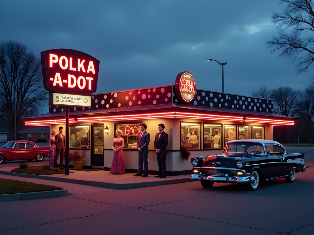 Colorful exterior of the historic Polk-A-Dot Drive In with vintage signage and classic cars
