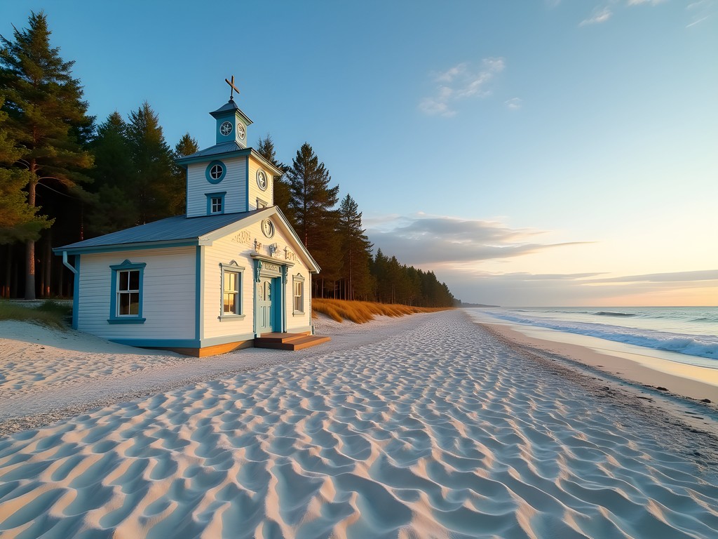 Historic wooden bathing house on Jurmala's white sand beach with Baltic Sea in background