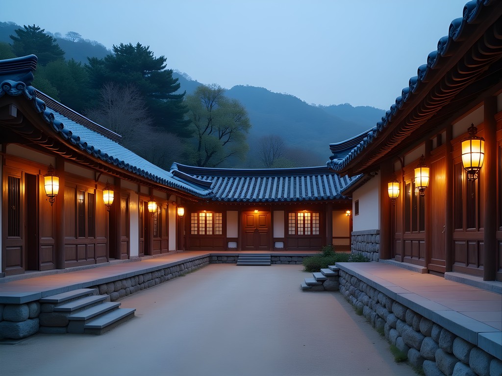 Traditional Korean hanok buildings at Kaesong Folk Hotel with curved tile roofs and wooden verandas