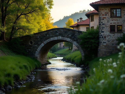 Historic First Shot Bridge in Koprivshtitsa where the April Uprising began, with traditional architecture in background