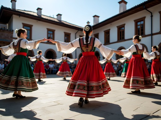 Traditional Bulgarian folk dancers performing in colorful costumes during Koprivshtitsa folklore festival