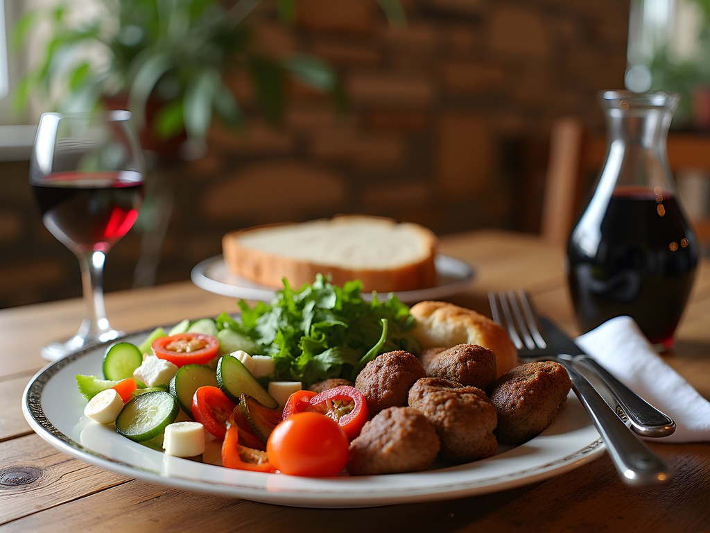 Traditional Bulgarian meal with shopska salad, grilled meats, and local bread served in a rustic restaurant in Koprivshtitsa