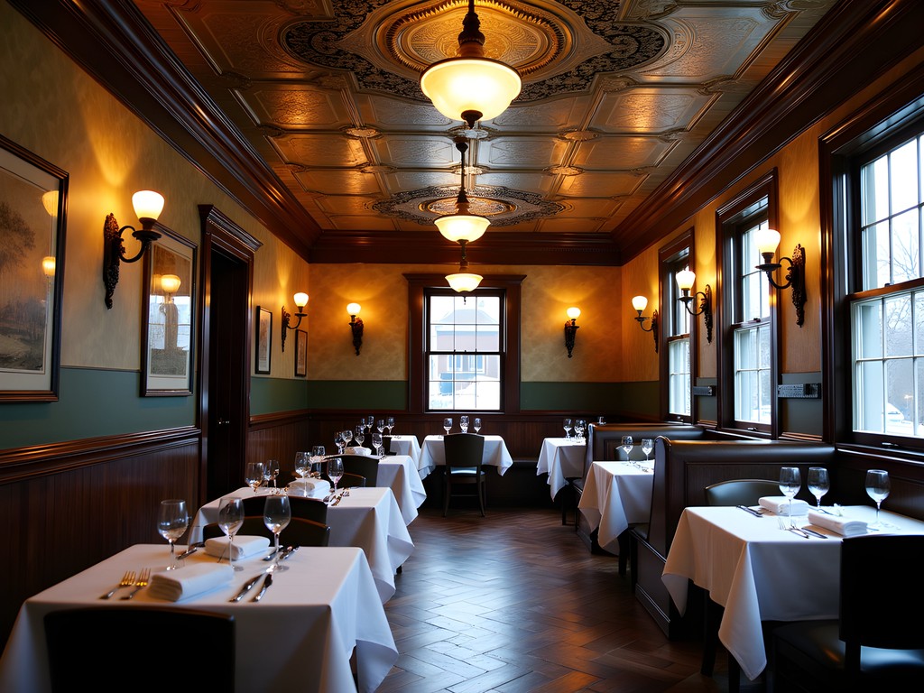 Restored historic restaurant interior in Lakewood with original architectural features