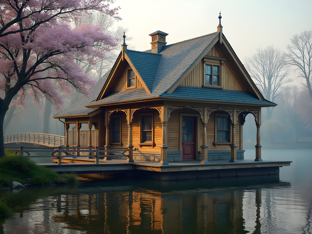Historic Victorian boathouse on Lake Carasaljo in spring