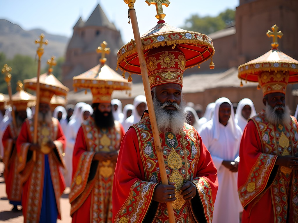 Ethiopian Orthodox priests in colorful ceremonial robes during Timkat celebration at Lalibela