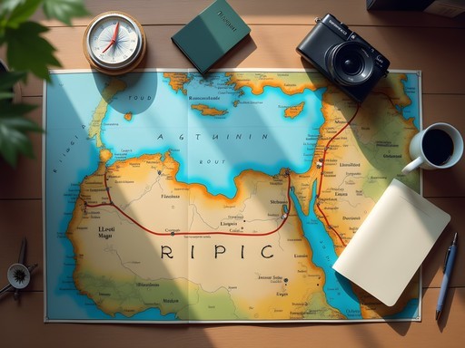 Travel planning map of Libya highlighting route to Leptis Magna from Tripoli