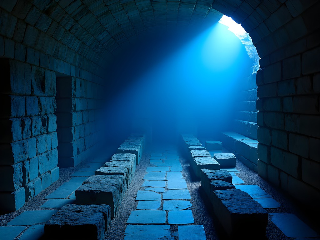 Atmospheric display of the Roman Temple of Mithras ruins beneath London