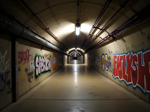 Historic underground tunnels beneath downtown Los Angeles with street art on concrete walls