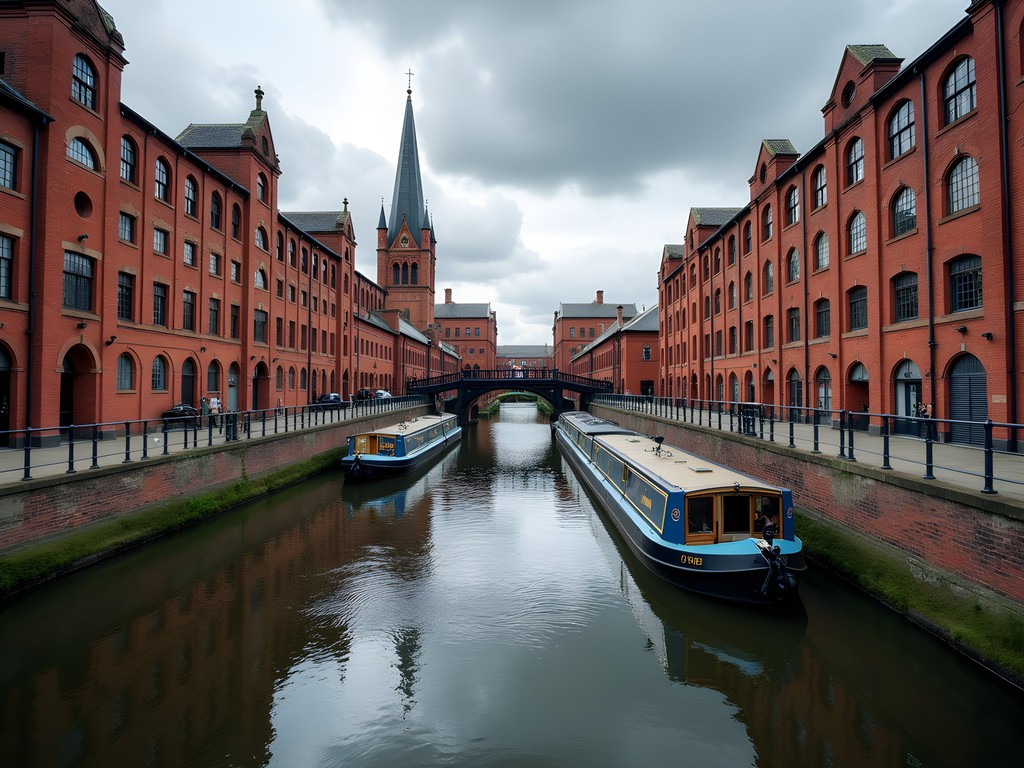 Historic canal basin in Manchester with restored warehouses and narrowboats