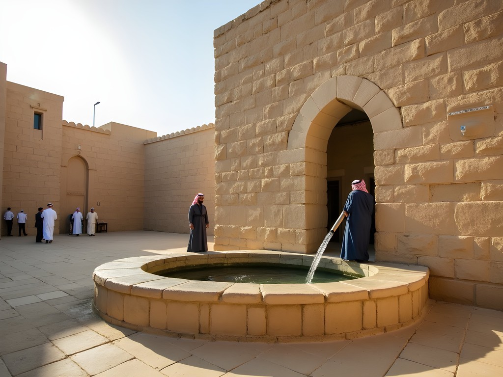 Bir Uthman well complex showing ancient stonework and modern visitors collecting water
