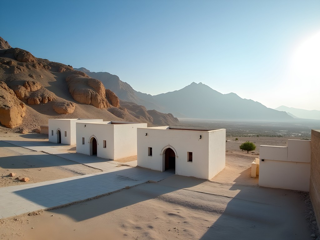 The Seven Mosques complex on Mount Sal' with early morning light casting long shadows