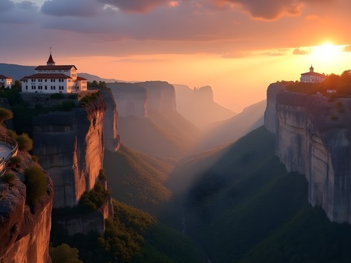 Panoramic sunset view of Meteora's monasteries perched on dramatic rock pillars