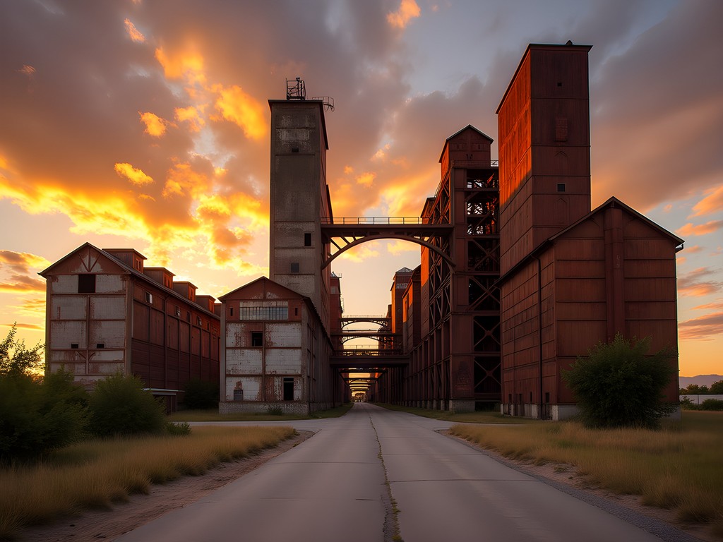 Sunset over industrial structures at Parque Fundidora Monterrey