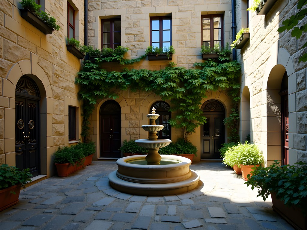 Historic stone courtyard with fountain at Cours Le Royer in Old Montreal