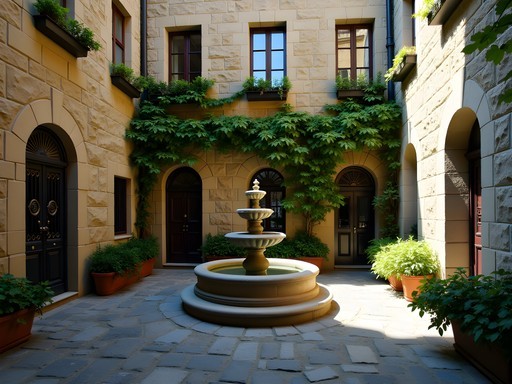 Historic stone courtyard with fountain at Cours Le Royer in Old Montreal