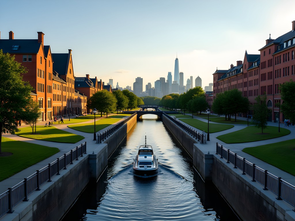 Historic industrial buildings and locks along the Lachine Canal in Montreal