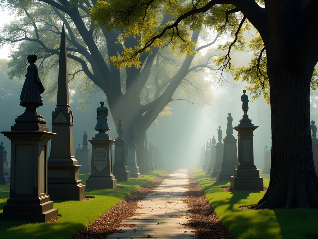 Historic monuments and tree-lined paths at Beech Grove Cemetery in Muncie