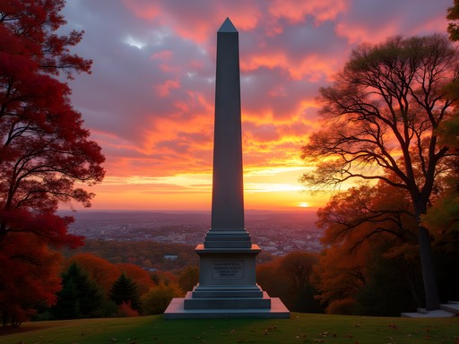 Soldiers and Sailors Monument at East Rock Park at sunset with New Haven skyline