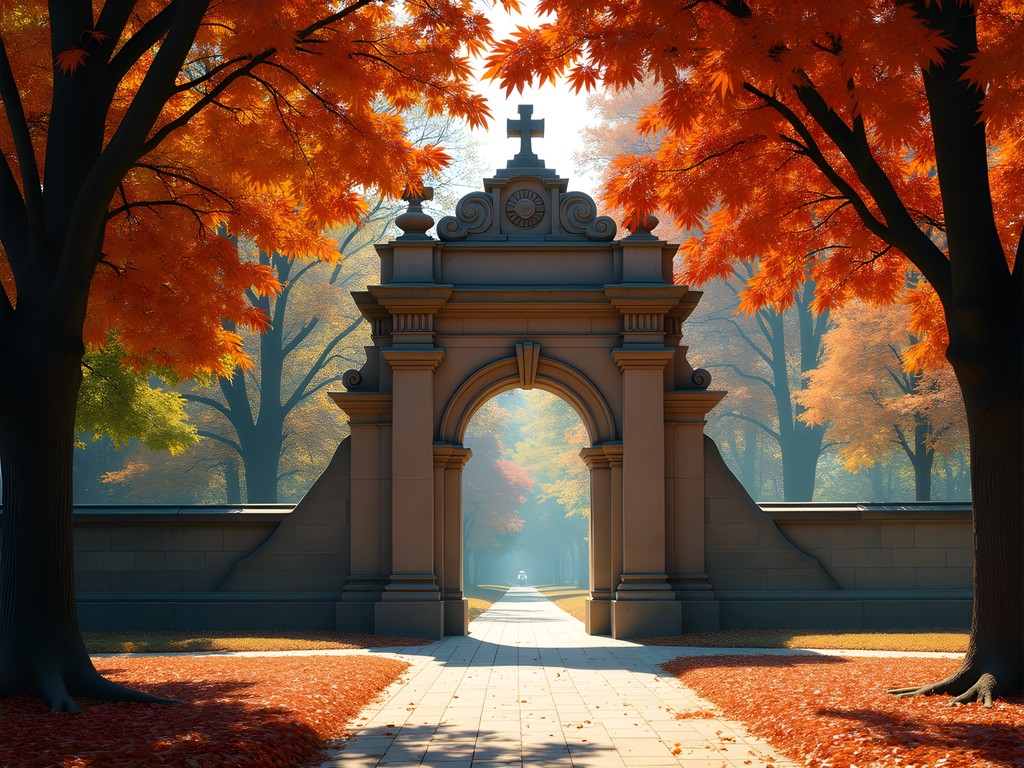 Grove Street Cemetery entrance gate in fall with colorful autumn leaves