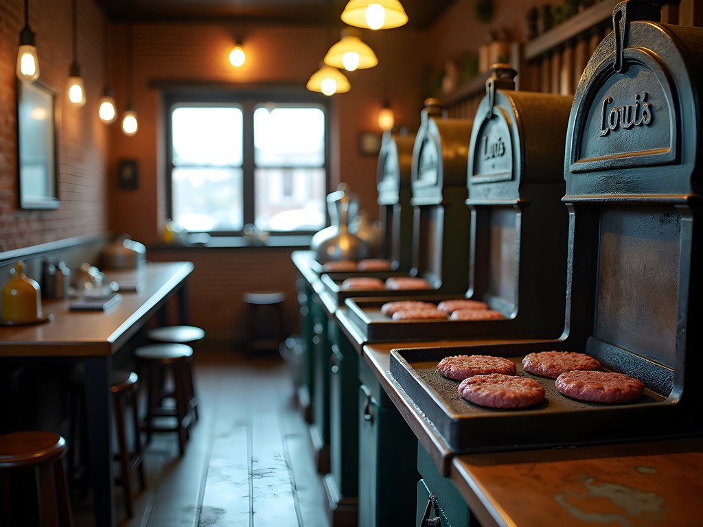 Historic interior of Louis' Lunch with vintage cast iron grills