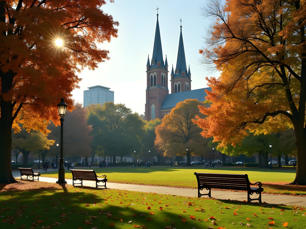 Historic churches on New Haven Green with fall foliage